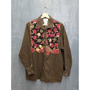 The Quacker Factory BOHO Shirt Womens Large Olive Green Apple Print Corduroy